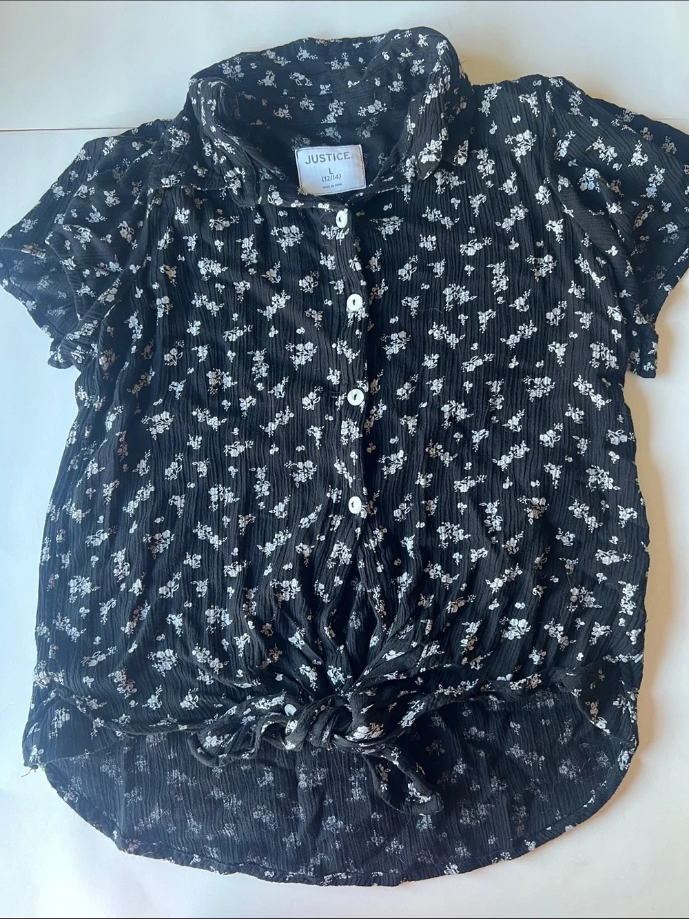 Justice Black Floral Button-Front Tie-Hem Shirt